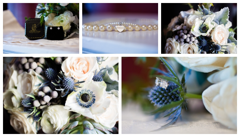 Wedding details. Tiffany bracelet and white flower bouquet 