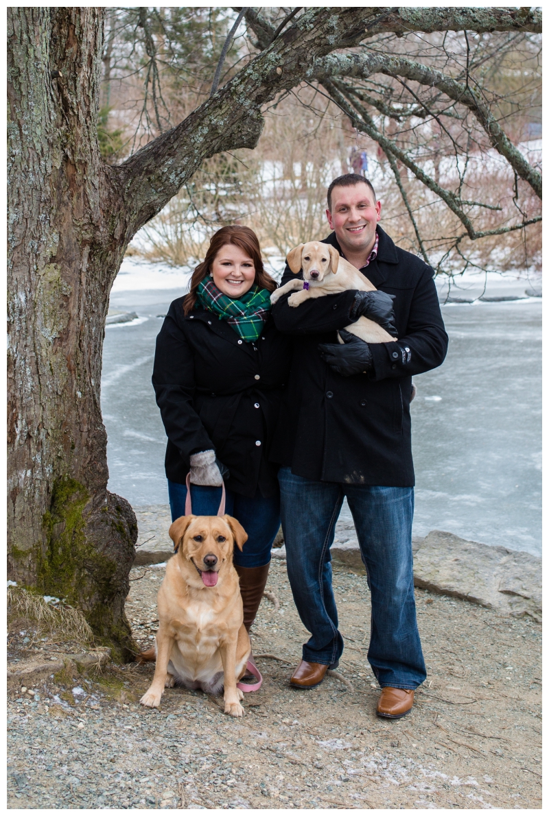 Winter engagement photos with puppies